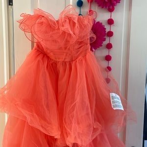 ASOS DESIGN bandeau corset mesh tiered maxi dress in coral size 8